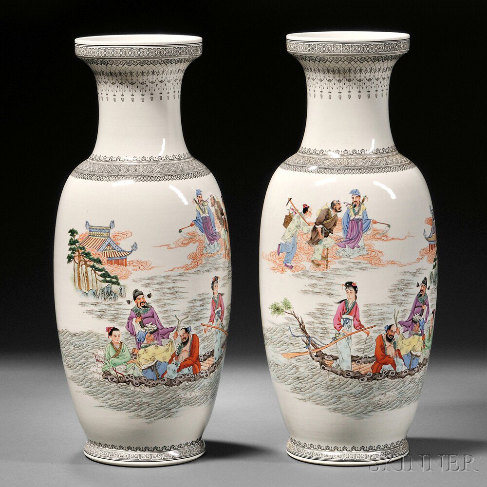 Appraisal: Pair of Large Famille Rose Vases China Republic Period rouleau