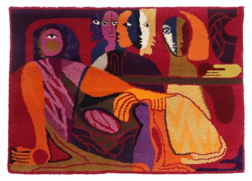 Appraisal: Hand-woven wool wall hanging Las Cavas marked Marlene Hoffmann Bogota