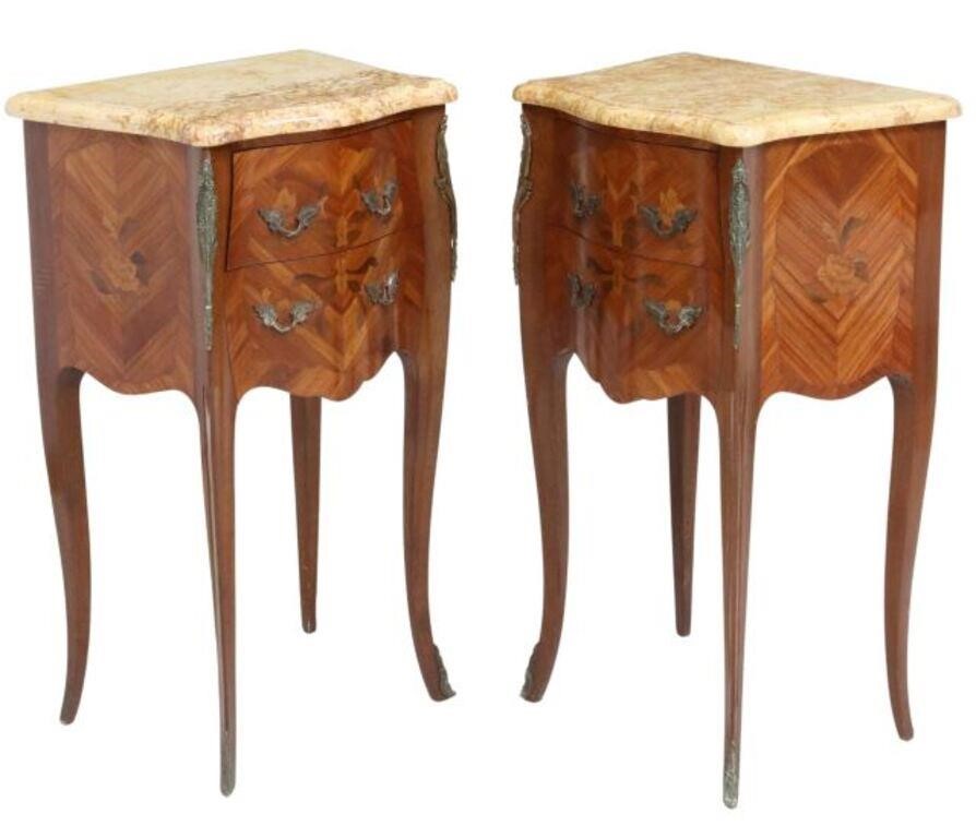 Appraisal: pair French Louis XV style marble-top nightstands th c floral