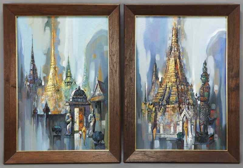 Appraisal: Pr Kid Kosolawat ''Thai Temple Scenes'' oilpaintings on canvas Canvas