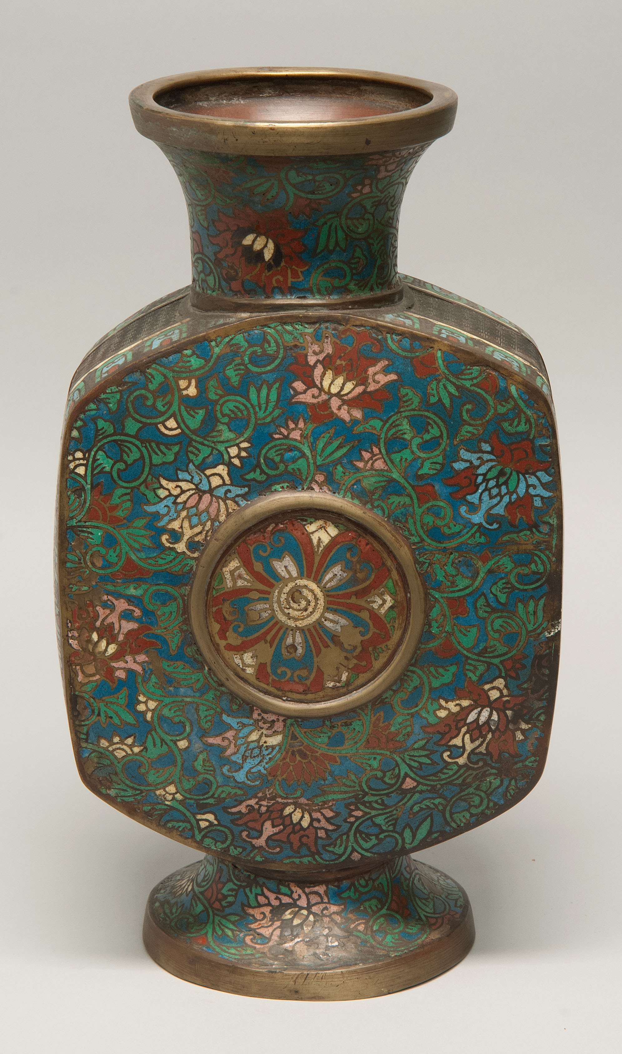 Appraisal: CHAMPLEV ENAMEL VASE Circa In pilgrim flask form with floral