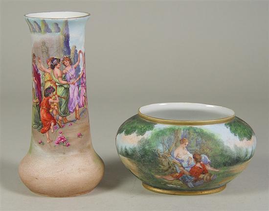 Appraisal: Pair of Heubach Tapestry Vases th Century Grecian scene with