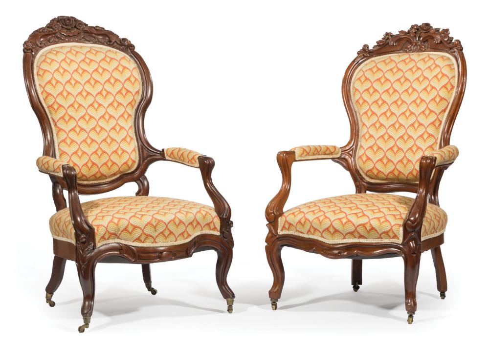 Appraisal: Two American Rococo Carved Mahogany Parlor Armchairs mid- th c