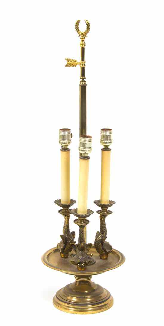 Appraisal: A Neoclassical Brass Three-Light Table Lamp having a laurel wreath