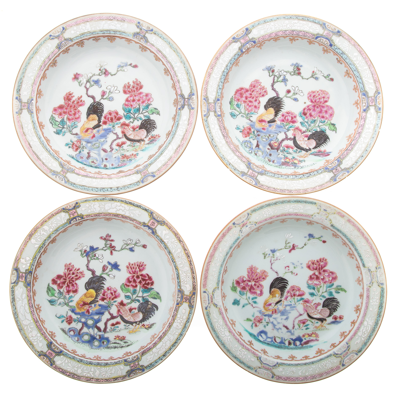 Appraisal: FOUR CHINESE EXPORT FAMILLE ROSE PLATES Yongzheng circa beautiful and