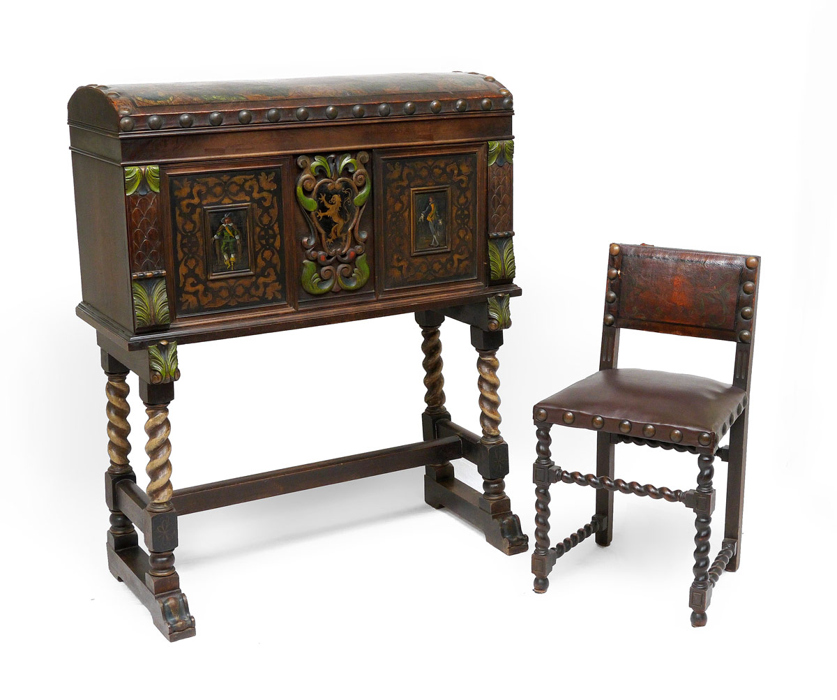 Appraisal: CARVED VARGUENO DESK Tack and painted leather top carved styles