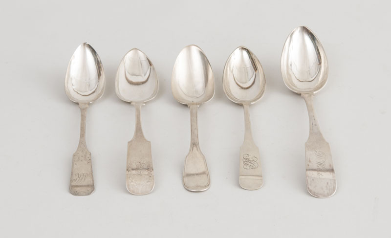 Appraisal: FOUR AMERICAN COIN SILVER FIDDLE PATTERN TABLESPOONS AND FIDDLE AND