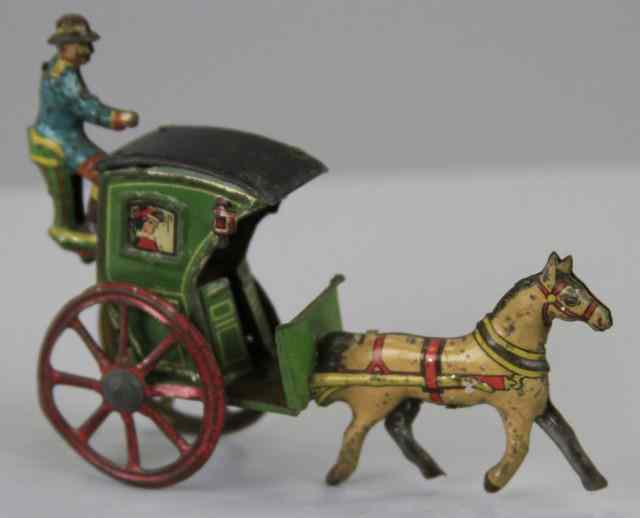 Appraisal: HANSOM CAB PENNY TOY Meier Germany lithographed tin depicts seated