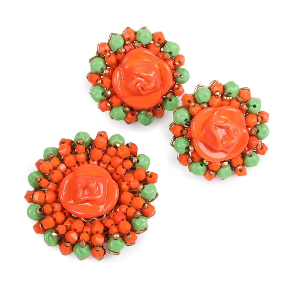 Appraisal: MIRIAM HASKELL ORANGE AND GREEN BEADED EARRING AND PIN BROOCH