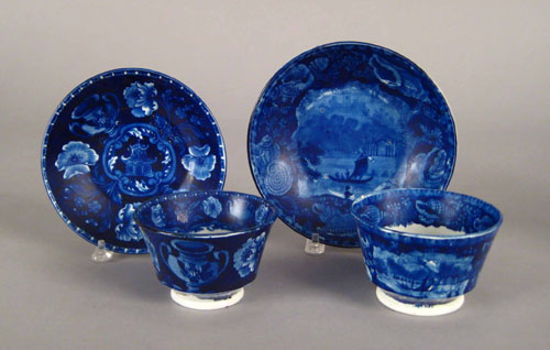 Appraisal: Two historical blue Staffordshire cups and saucers th c decorated