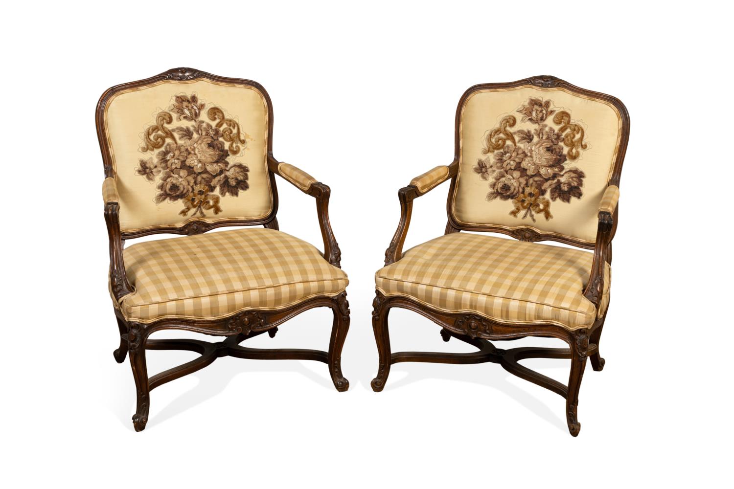 Appraisal: PR LOUIS XV STYLE WALNUT FAUTEUILS C Pair of French