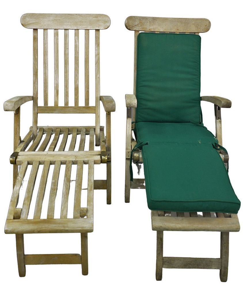 Appraisal: Pair of Outdoor Classics Teak Lounge Chairs having fold up