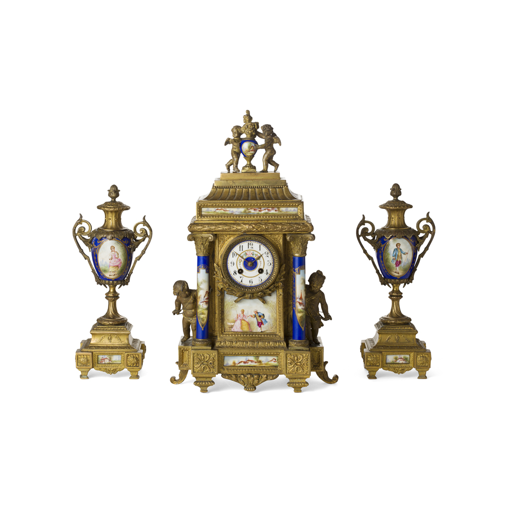 Appraisal: FRENCH GILT BRONZE AND PORCELAIN CLOCK GARNITURE LATE TH CENTURY