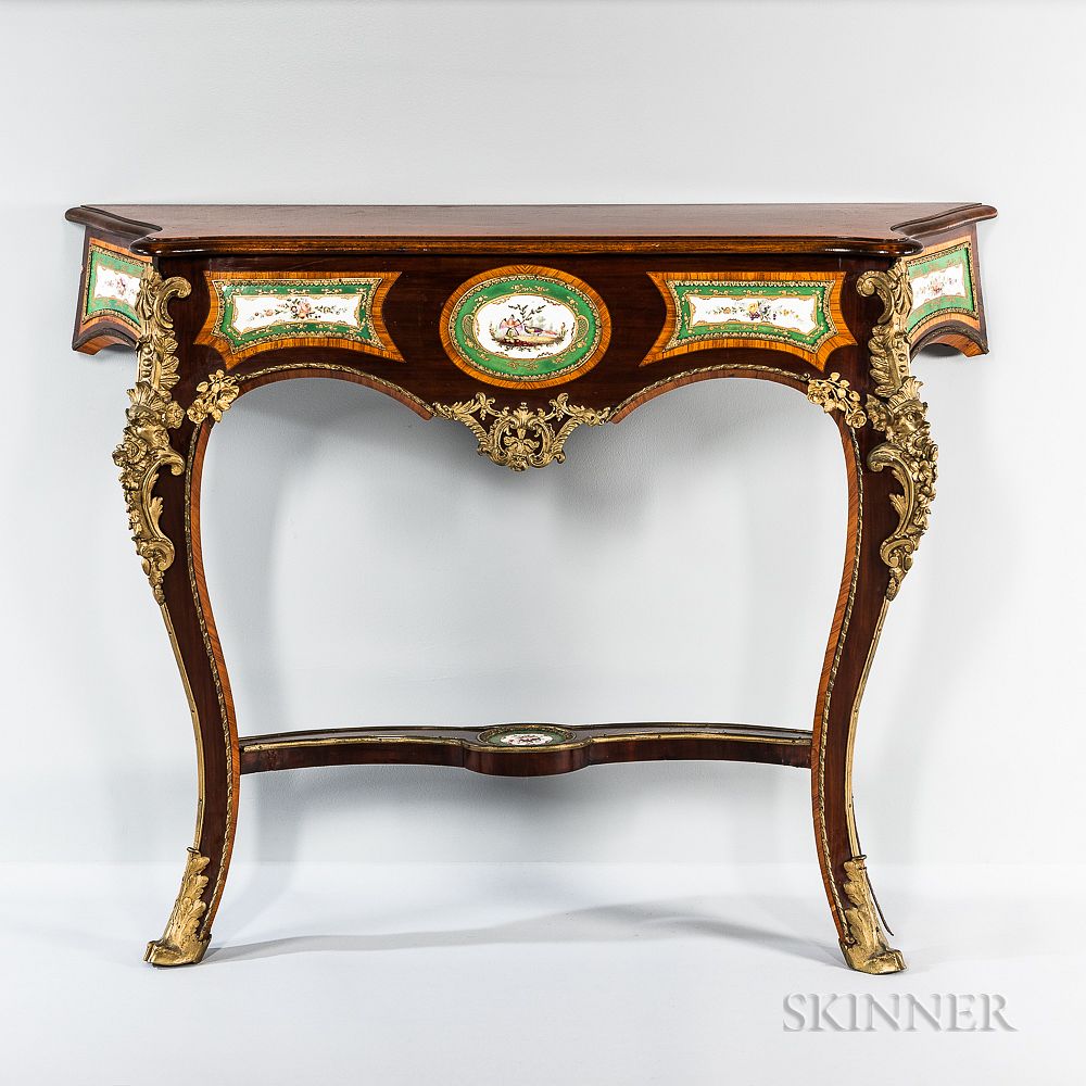 Appraisal: Louis XV-style Mahogany and Satinwood-veneered Ormolu- and Porcelain-mounted Console Table