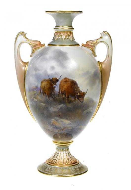 Appraisal: A ROYAL WORCESTER TWO HANDLED VASE painted by John Stinton