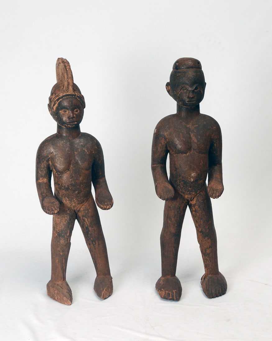 Appraisal: PAIR WEST AFRICAN IGBO CARVED SHRINE FIGURES carved wood shrine