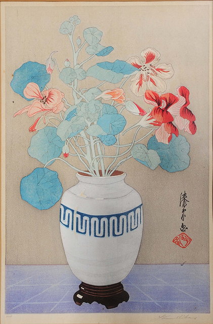 Appraisal: Yoshijiro Urushibara Japanese - Nasturtiums in a blue and white