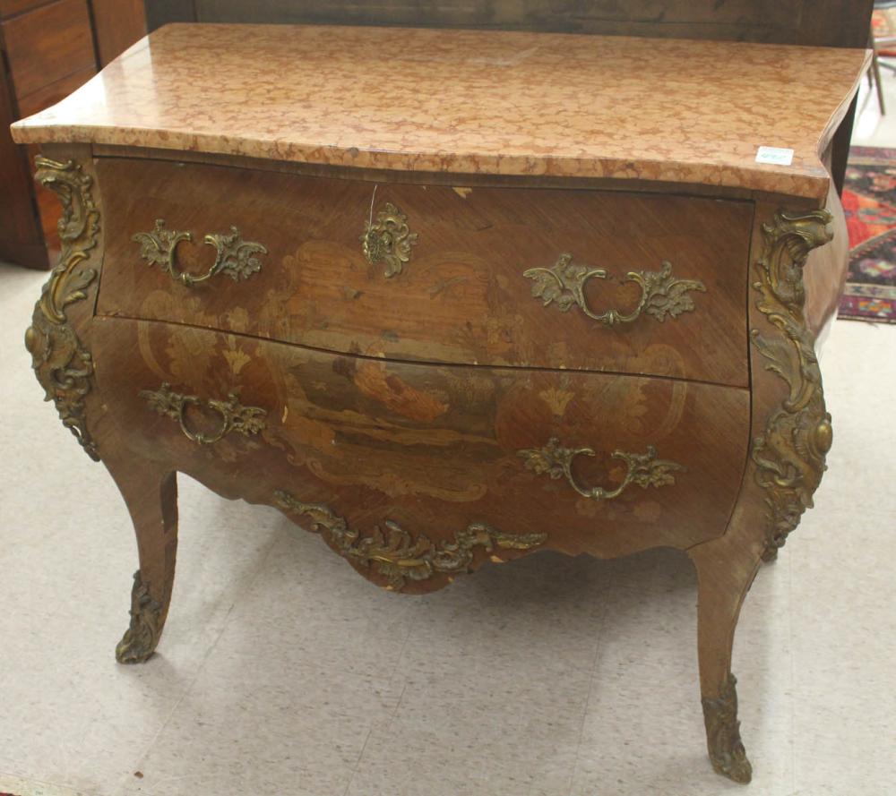 Appraisal: LOUIS XV STYLE MARBLE-TOP MARQUETRY BOMBE COMMODE French th century