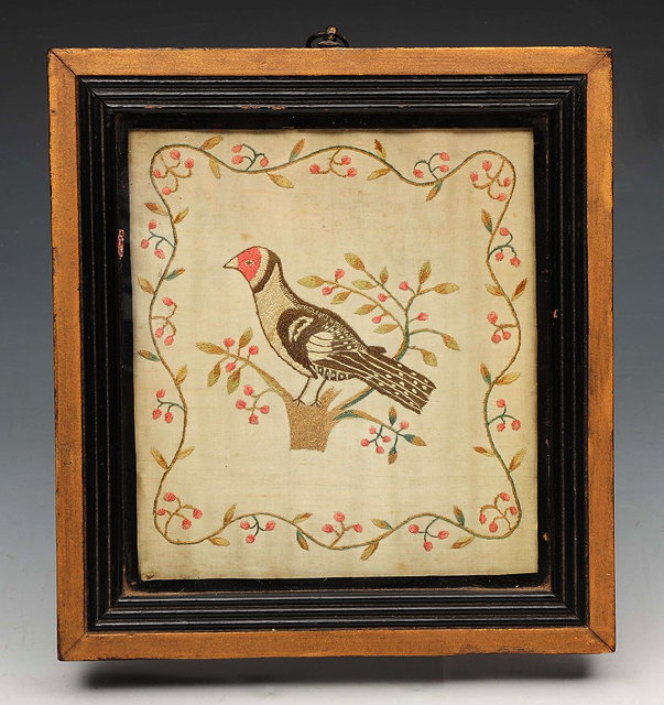 Appraisal: A REGENCY NEEDLEWORK STUDY of a tropical bird amongst scrolling