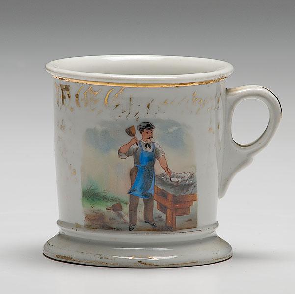 Appraisal: STONE CUTTER'S OCCUPATIONAL SHAVING MUG porcelain with polychrome painted scene