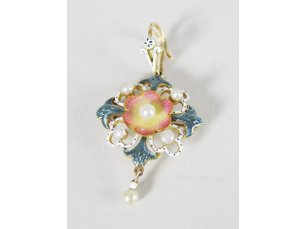 Appraisal: An Enamel and Pearl Pendant Brooch the openwork floral plaque