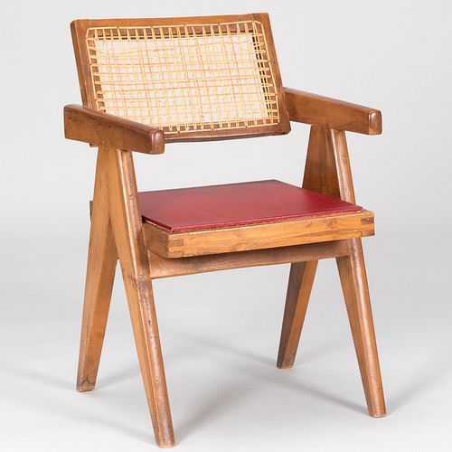 Appraisal: PIERRE JEANNERET TEAK CANED AND LEATHER ARMCHAIR FOR CHANDIGARH INDIAMarked