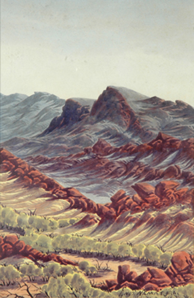 Appraisal: Enos Namatjira - Valley with Hills and Trees watercolour over