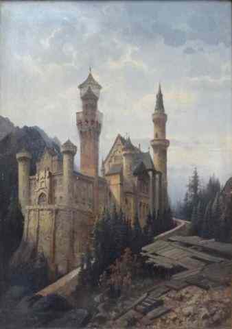 Appraisal: th C Oil Panel of Neuschwanstein CastleSigned lower left German