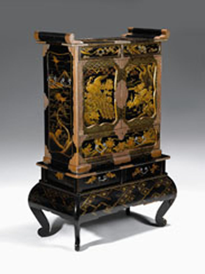 Appraisal: Japanese brass mounted lacquer cabinet on stand meiji period -