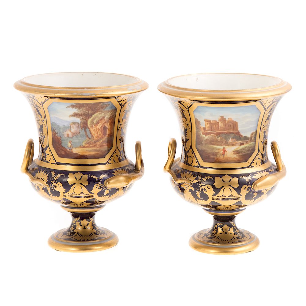 Appraisal: Pair Derby porcelain landscape decorated urns circa campana-form urns with