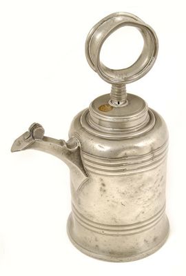 Appraisal: A Swiss pewter wine can the ribbed cylindrical body with