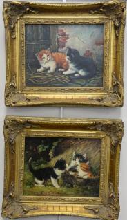 Appraisal: Pair of oil on panel paintings of kittens playing copies