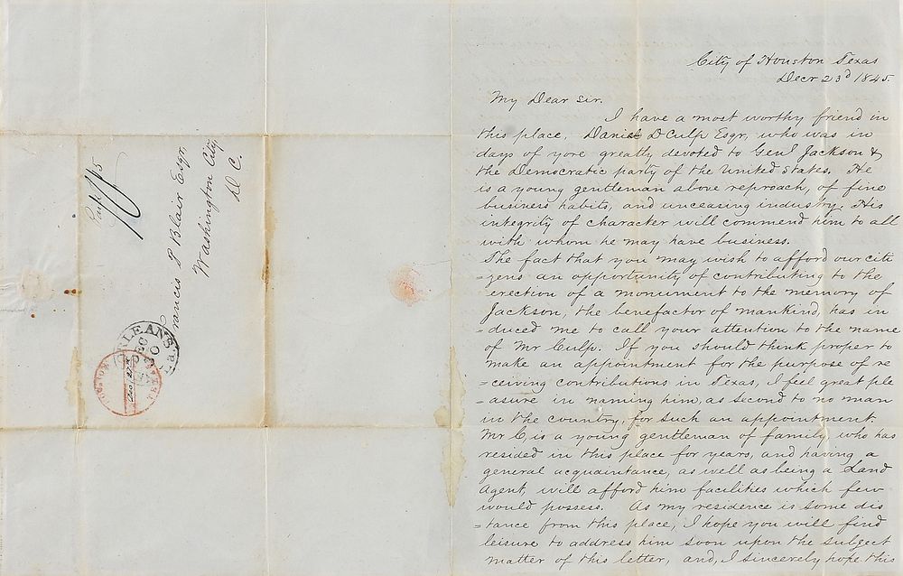 Appraisal: A REPUBLIC OF TEXAS DOCUMENT An Impassioned Letter by Sam