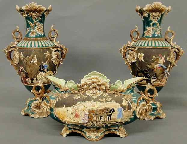 Appraisal: Colorful three-piece majolica garniture set late th c decorated with