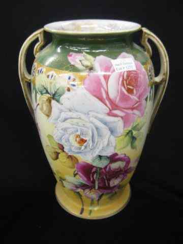 Appraisal: Nippon Handpainted Porcelain Vase rosedecor handled - '' tall