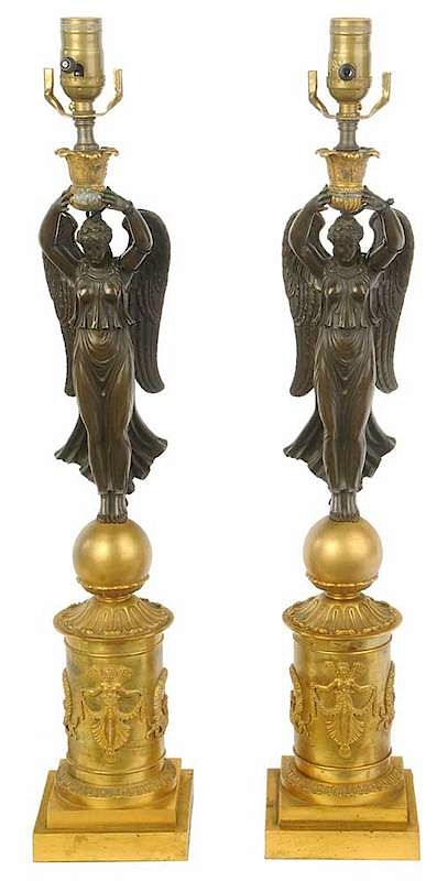 Appraisal: Pair Empire Style Parcel Gilt Bronze Lamps French th century