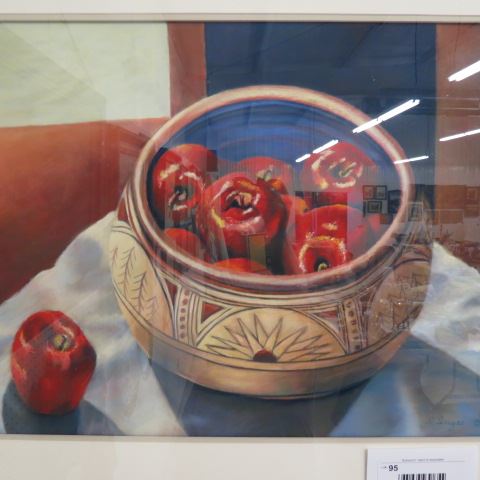 Appraisal: S Sinyai Painting of Indian Pottery BowlFull of Apples image