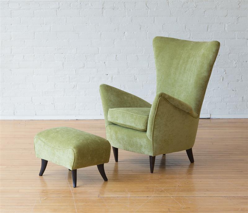 Appraisal: UPHOLSTERED ARMCHAIR AND OTTOMAN STYLE OF GIO PONTI Armchair x