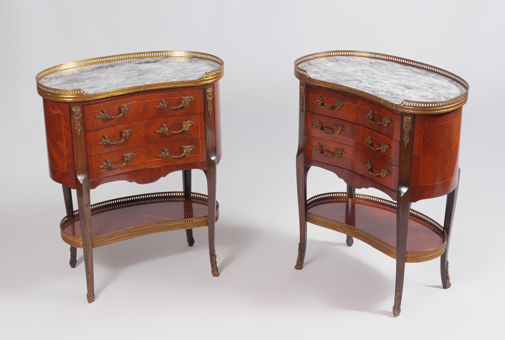 Appraisal: PAIR OF FRENCH MARBLE TOP NIGHT STANDS Brass gallery over