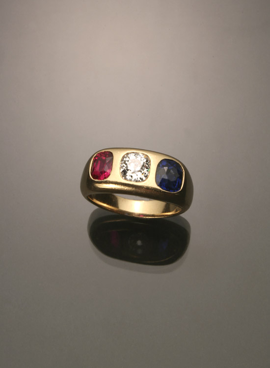 Appraisal: -Karat Yellow-Gold Diamond Synthetic Blue Sapphire and Synthetic Ruby Gypsy