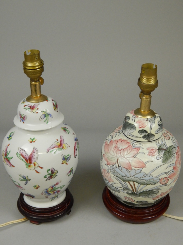 Appraisal: Two similar modern Chinese table lamps one decorated with butterflies