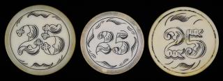 Appraisal: Three Scrimshawed Ivory Poker Chips American ca Overall condition very