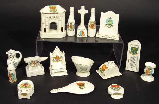 Appraisal: Collection of crested china objects including a hairbrush drum headstone