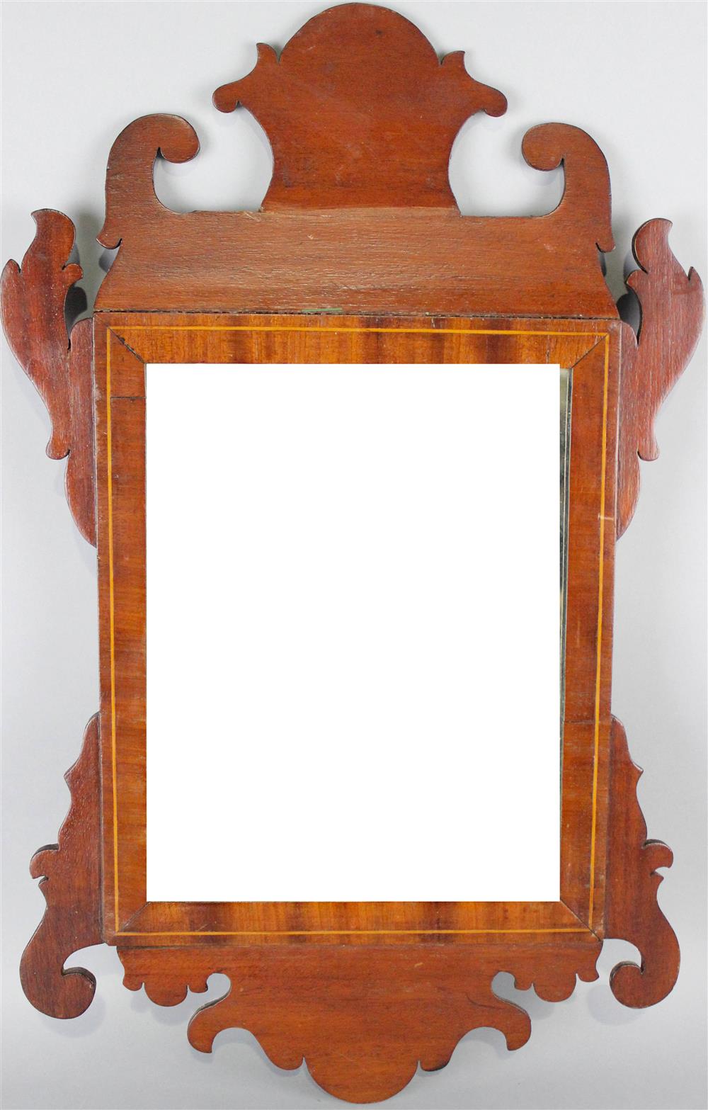 Appraisal: SMALL GEORGIAN INLAID MAHOGANY MIRROR having a shaped scroll cut