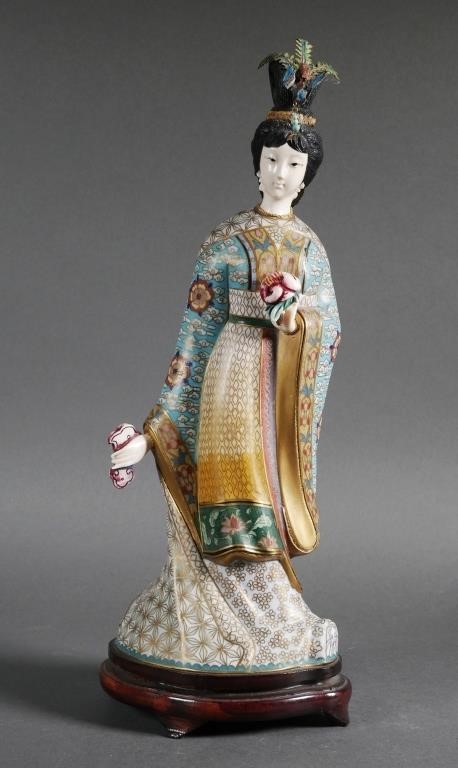 Appraisal: Cloisonne statue of a lady wearing an elaborate bird form