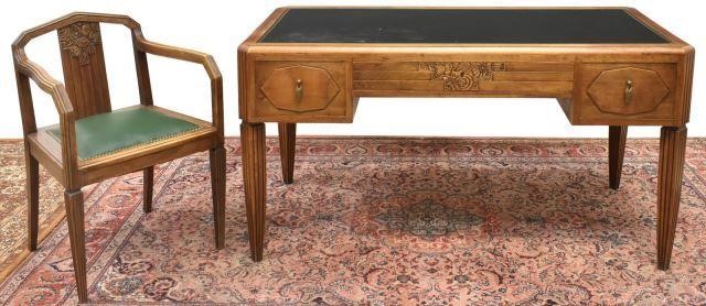 Appraisal: lot of French Art Deco walnut writing desk and chair