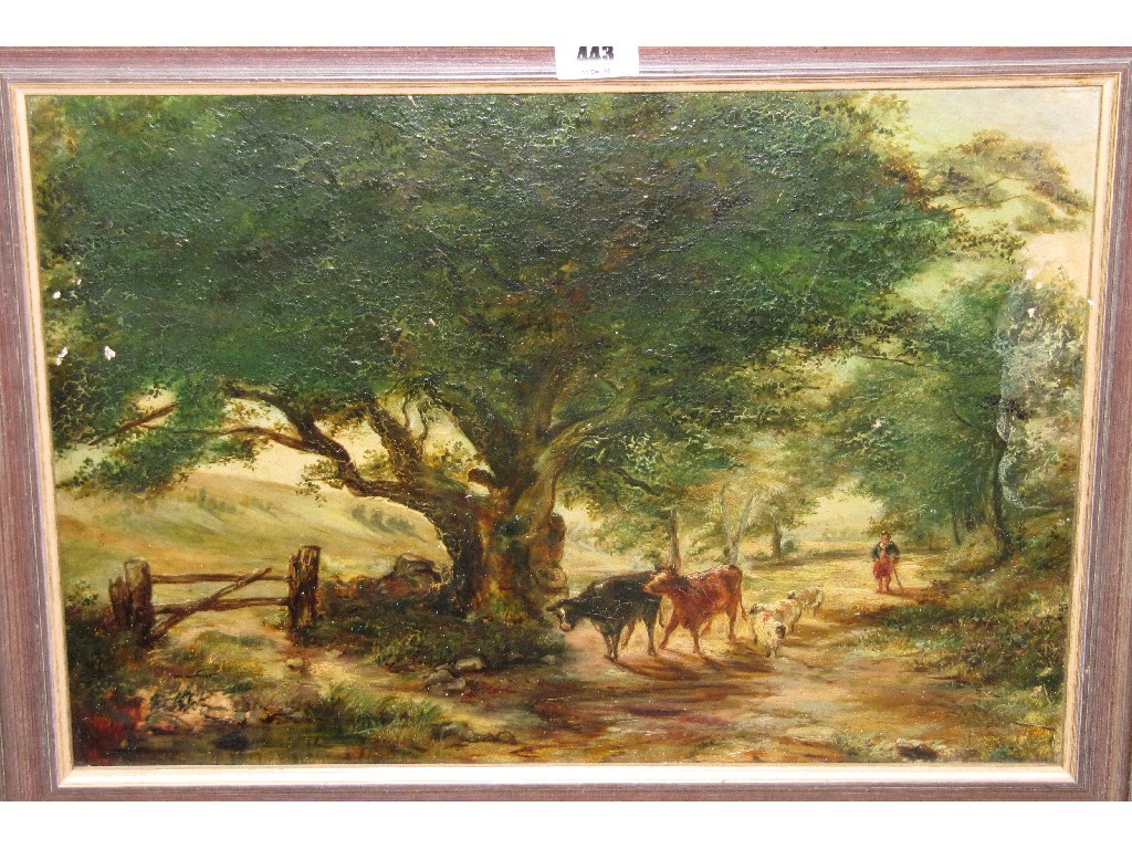 Appraisal: Oil on board of a country lane with cattle sheep