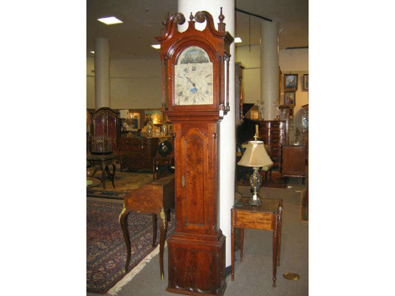 Appraisal: OWEN PYLE MAHOGANY LONG CASE CLOCK Hood with scrolling broken