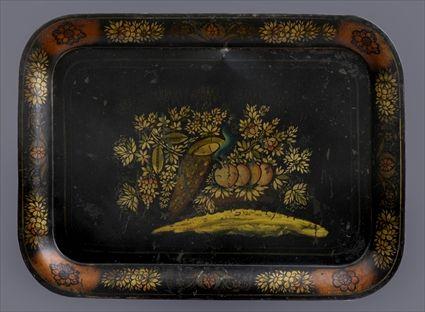 Appraisal: TWO BLACK-GROUND TOLE PEINTE TRAYS The larger pierced with carrying