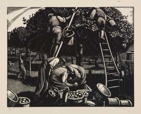 Appraisal: CLARE LEIGHTON Group of wood engravings Apple Picking Netmenders Winnower